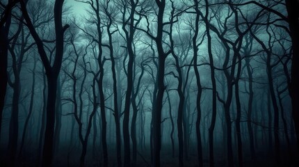 Obraz premium Dark tones, eerie details, soft focus, hazy background, trees arranged like a living jigsaw, and an eerie cinematic forest