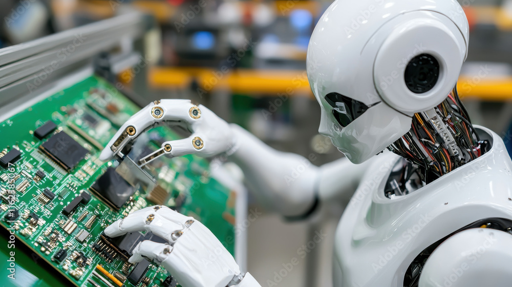 Poster humanoid robot with advanced mechanical arms is assembling electronic components on circuit board in
