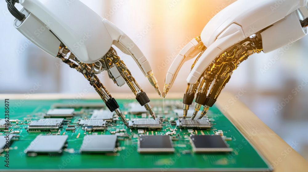 Poster robotic hands assembling electronic components on circuit board, showcasing precision and technology
