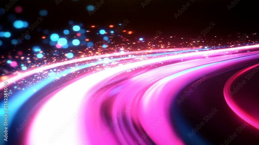 Poster a vibrant abstract design featuring dynamic curves and glowing particles.