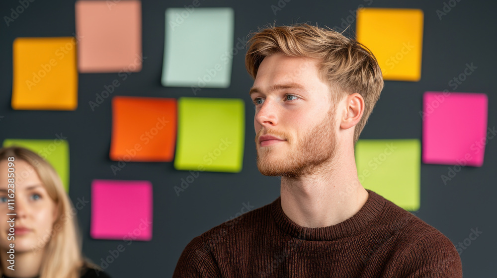 Poster focused young man in casual setting with colorful sticky notes on wall, suggesting brainstorming ses