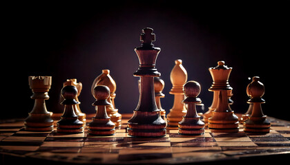 Dramatic low-key image of chess pieces on a board.  Perfect for themes of strategy, competition, leadership, and victory. Ideal for websites, blogs, or presentations.