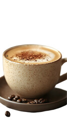 Fototapeta premium A steaming cup of coffee with a layer of foam and sprinkled with cocoa powder sits on a saucer with coffee beans.