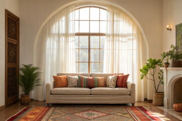 A cozy corner sofa with soft pillows placed in front of a large arched window. Natural light filters through sheer curtains, illuminating a boho-style living room with ethnic rugs and decor
