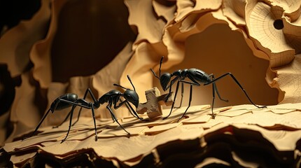 High contrast, dramatic lighting, layered papier-mâché sculpture of elegant and graceful ants completing a challenge, and sculpted, textured layers