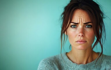 Close-up portrait of a young woman with a serious, concerned expression against a teal background.