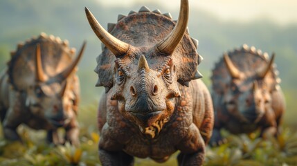 A photorealistic Triceratops family resting in a sunlit clearing, with their horns, frills, and...