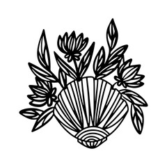 Artistic black vector shell with flowers peeking out, perfect for unique marine-inspired branding and creative designs