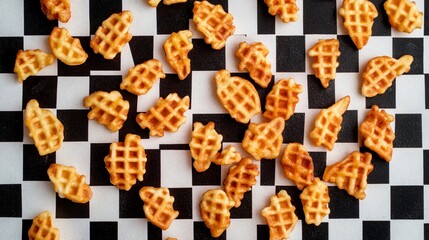 Waffle fries scattered on a chessboard, isolated on a checkered black-and-white background with contrasting red accents