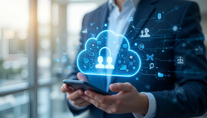 businessman pressing social network icon