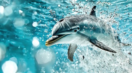 Fototapeta premium Dolphin Jumping in Water Ocean High-Fidelity Photography White Background Aerial View High-Key Concept