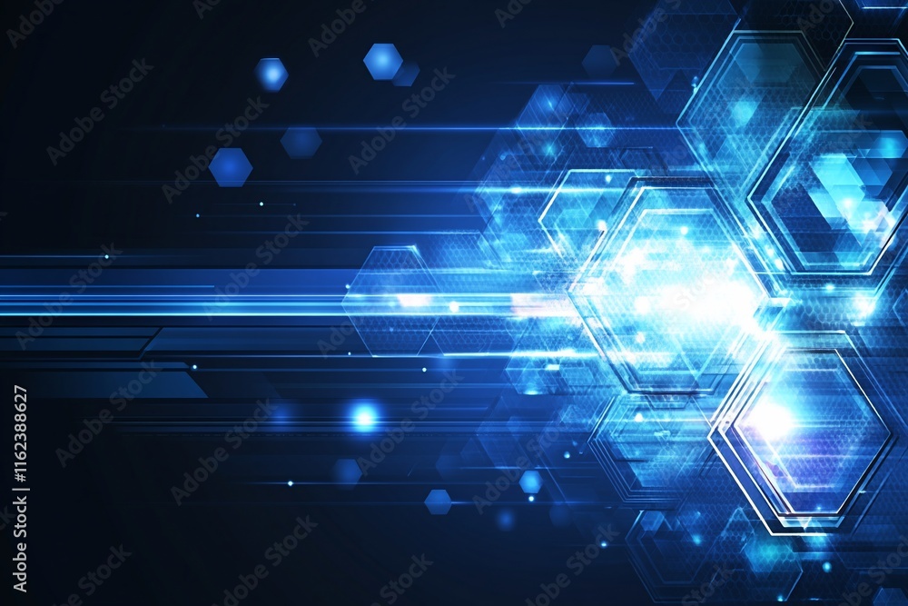 Poster Abstract blue hexagonal design with glowing elements and dynamic lines.