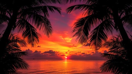 Breathtaking Tropical Sunset Through Palm Trees Over the Tranquil Sea