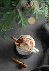 Hot chocolate with with whipped cream, cinnamon and anise in a white cup on a dark background with green fir tree