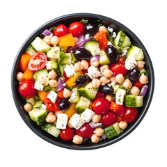 Greek salad with fresh vegetables, chesse, tomatoes, olives, onions isolated on transparent background