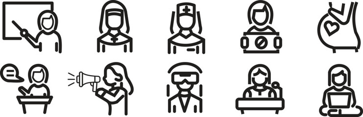 Set of  10 outline icons related to women. Linear icon collection. Editable stroke. Vector illustration
