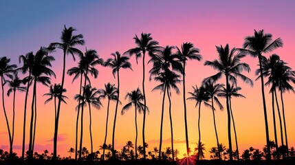 Naklejka premium Silhouetted Palm Trees in a Colorful Sunset Over a Tropical Horizon