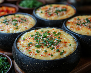 steamed egg gently puffed up, garnished with finely chopped scallions and sesame seeds. The dish is surrounded by simple yet colorful side dishes