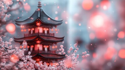 Serene Pagoda, Cherry Blossoms Dance, Lantern Glow
