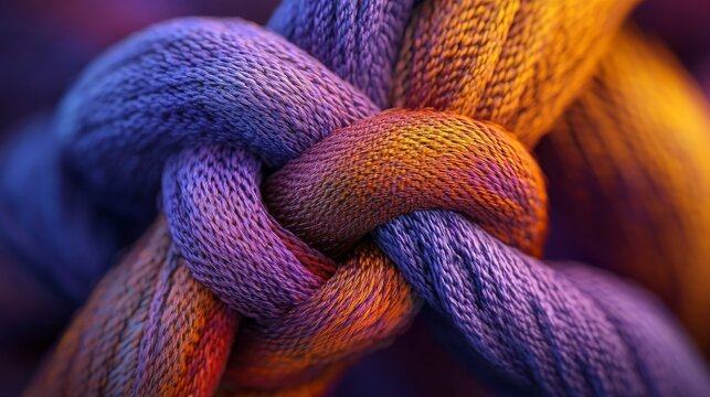 4.Detailed macro shot of threads of different colors coming together, twisting tightly and forming a clean knot that transitions smoothly into a straight arrow shape at the top, symbolizing focus and