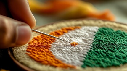 10.An artistic composition of a hand using a needle to stitch the Indian flag with saffron, white, and green threads in a round embroidery frame; the needle is mid-stitch, with loose threads adding