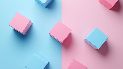 Pink and blue pastel cubes on split background.