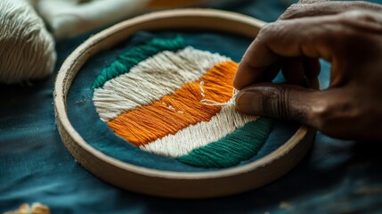 11.Minimalist embroidery scene where a hand works on stitching tricolor threads of the Indian flag onto a round frame, with gentle colors and soft shadows creating an ethnic yet refined visual.