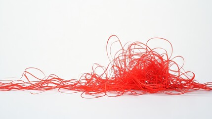 23.A thin red thread in a messy, tangled heap on a pristine white background; the intricate loops and knots create an abstract, textured pattern that draws attention to detail.