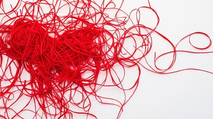 23.A thin red thread in a messy, tangled heap on a pristine white background; the intricate loops and knots create an abstract, textured pattern that draws attention to detail.