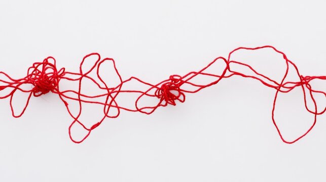 24.Detailed shot of a red thread knotted and tangled against a simple white backdrop, with loops and twists forming an intricate pattern, symbolizing confusion and complexity.
