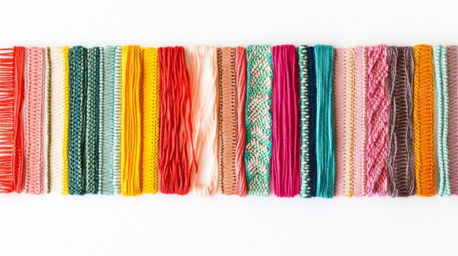 30.Colorful selection of thread stitches isolated on a pure white background, featuring various techniques such as zigzag, running stitch, and backstitch, each one perfectly aligned to demonstrate