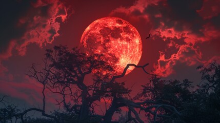 Fototapeta premium Red full moon in a vibrant night sky with eerie clouds and silhouetted tree branches creating a surreal and mysterious scene