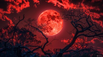 Red glowing moon dominating a dramatic night sky with ominous clouds and silhouetted twisting branches creating an eerie scene