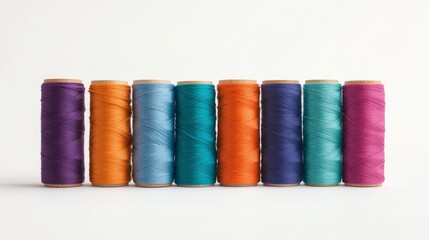 35.Assorted spools of sewing thread in bold colors like orange, purple, and teal, arranged artistically against a white background, focusing on the texture and even winding of the yarns around each