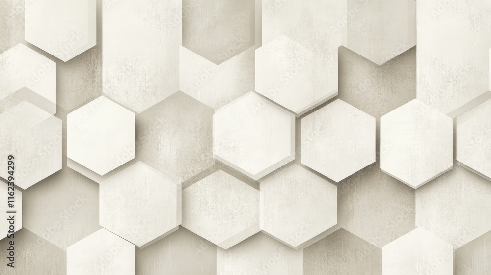 Poster a neutral-toned geometric pattern with hexagons and subtle gradients, creating a refined look