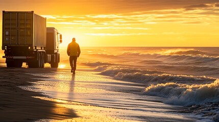 A worker walking along the shore near a cargo truck with the sea waves gently rolling in illuminated by the warm golden light of the sunset.