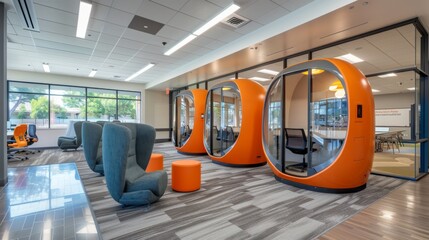 Innovative office space with futuristic work pods and comfortable seating featuring vibrant orange interiors and glass design