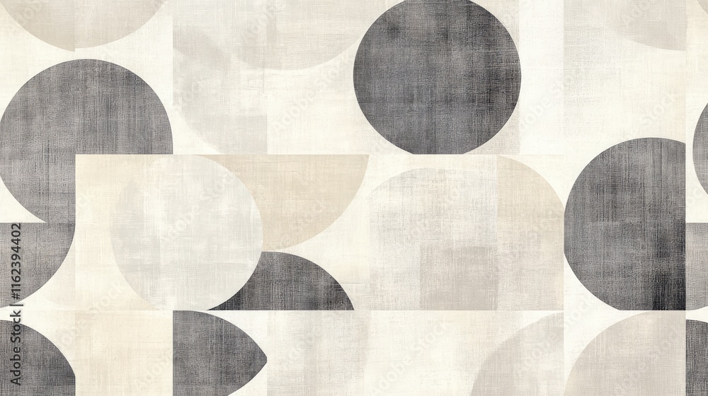 Poster a neutral-toned geometric pattern with overlapping circles and squares in soft gray and cream hues
