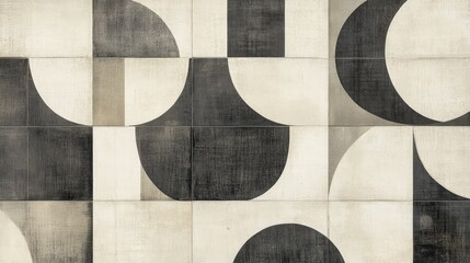 A neutral-toned geometric pattern with overlapping circles and squares in soft gray and cream hues