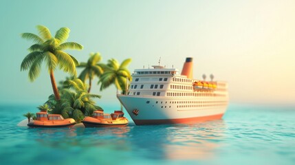Obraz premium Cruise Ship Docked Near Tropical Island Paradise
