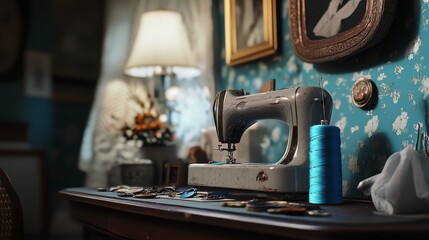 52.An arranged scene with a sewing machine, a needle threaded with fine cotton, a spool of vibrant blue thread, and buttons, all positioned in a neat and practical manner for a classic sewing setup.