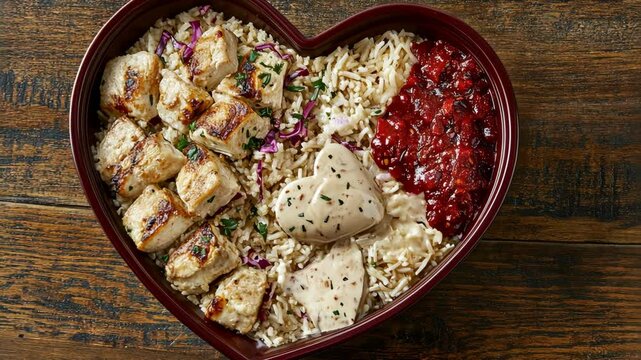 Heart-shaped bowl featuring grilled chicken, rice, and berry sauce for a romantic meal