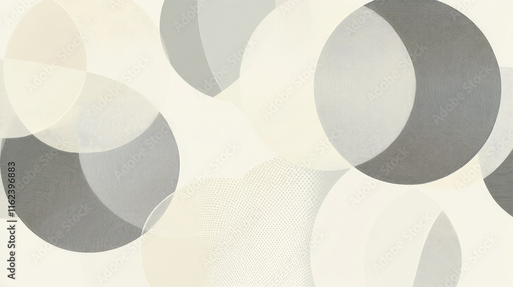 Poster a soft linear design with intersecting circles in muted gray and cream tones, perfect for packaging