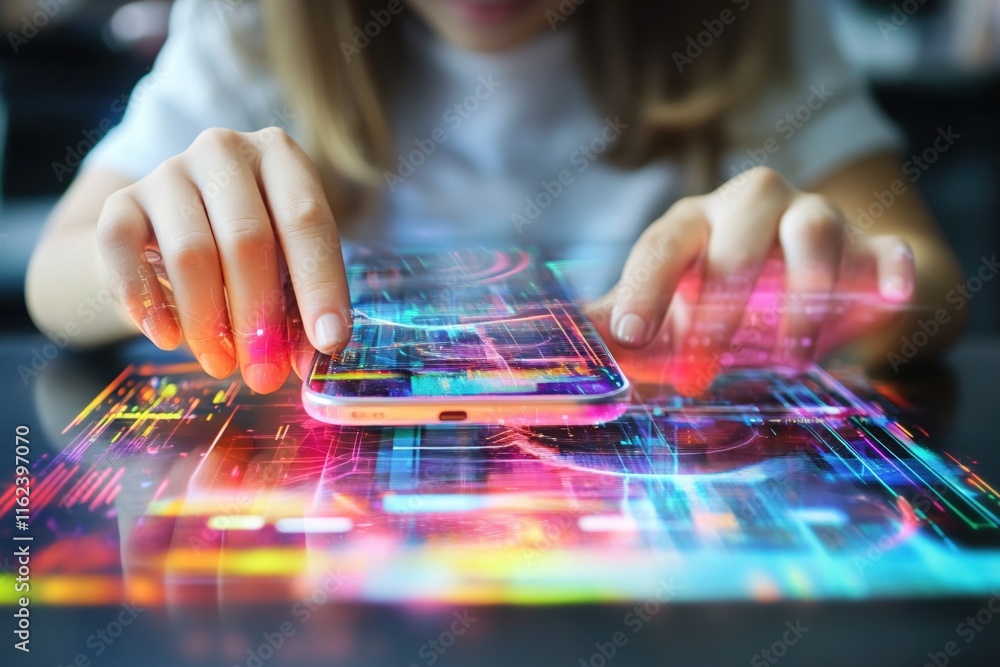 Poster hands using smartphone with futuristic interface and digital effects in focus