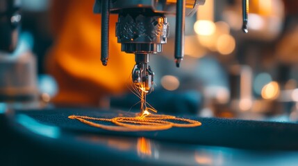 110.Close-up of an embroidery machine in action, stitching a detailed logo onto fabric, with focus on the needle piercing the material, the design coming to life in vibrant threads.