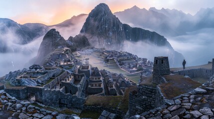 Machu Picchu at sunrise surrounded by misty clouds and dramatic Andean mountain backdrop