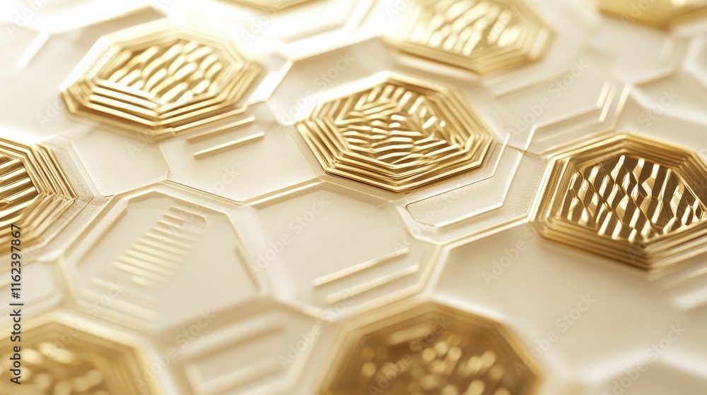 Poster a luxury design with intricate gold hexagonal patterns on a soft ivory background