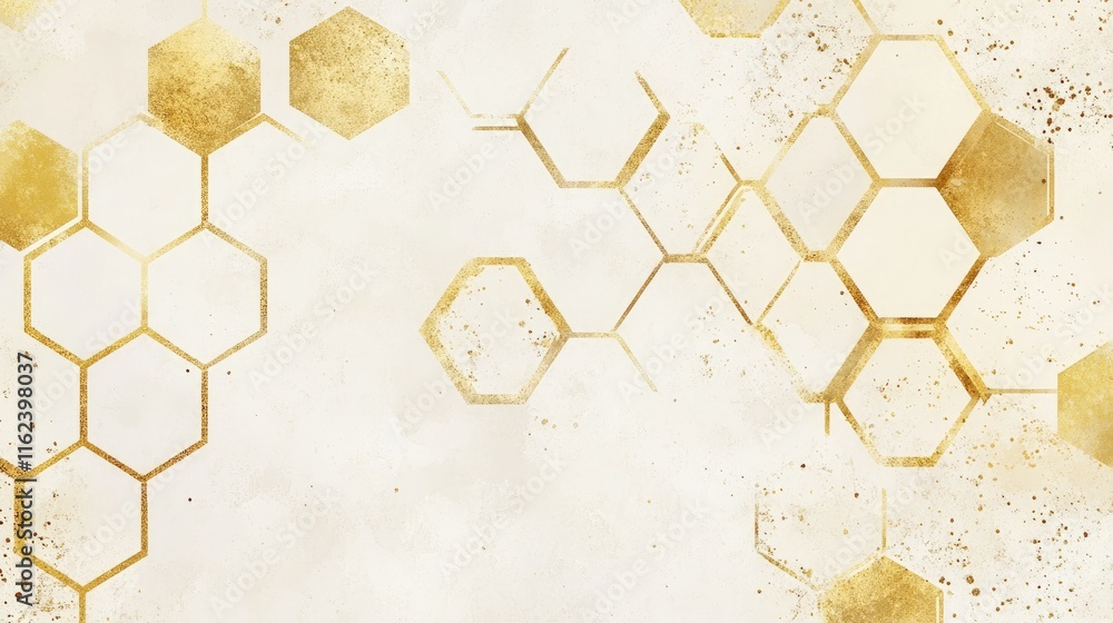 Poster a luxury design with intricate gold hexagonal patterns on a soft ivory background
