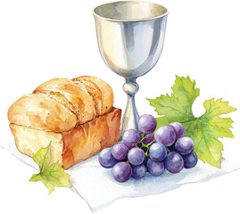 Easter religious clipart. Bread and wine with grapes on a napkin, symbolizing communion or a religious gathering.