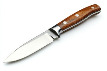 Fototapeta premium A stainless steel knife with a wooden handle, designed for kitchen use.
